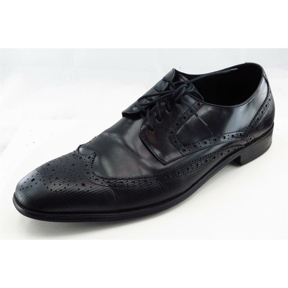 Kenneth Cole Shoes‎ Sz 13 M Almond Toe Black Wingtip Oxfords Leather Men - Picture 1 of 8